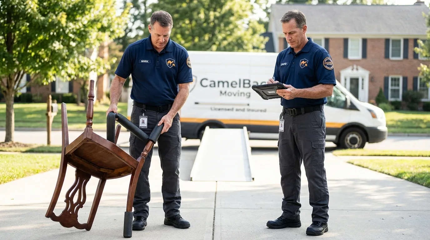 Movers inspecting furniture for damage prevention before loading in Clairton, PA